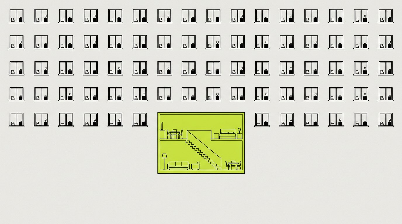 Editorial illustration: a two-storey flat inside an HDB block