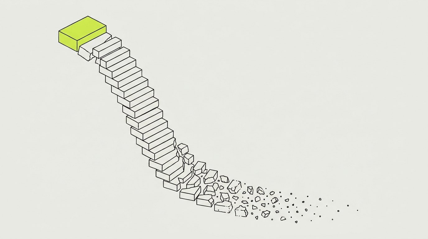 Editorial illustration: a building dissolving along a falling curve