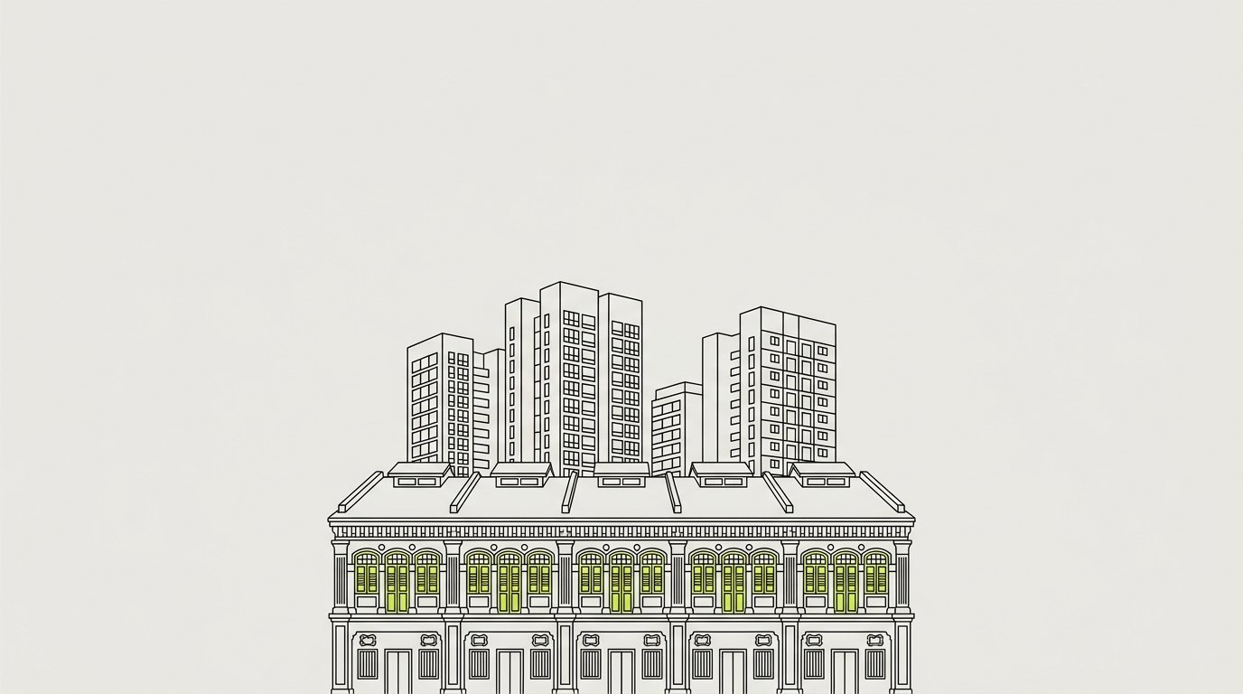 Editorial illustration: shophouse rows meeting mid-rise towers under one skyline