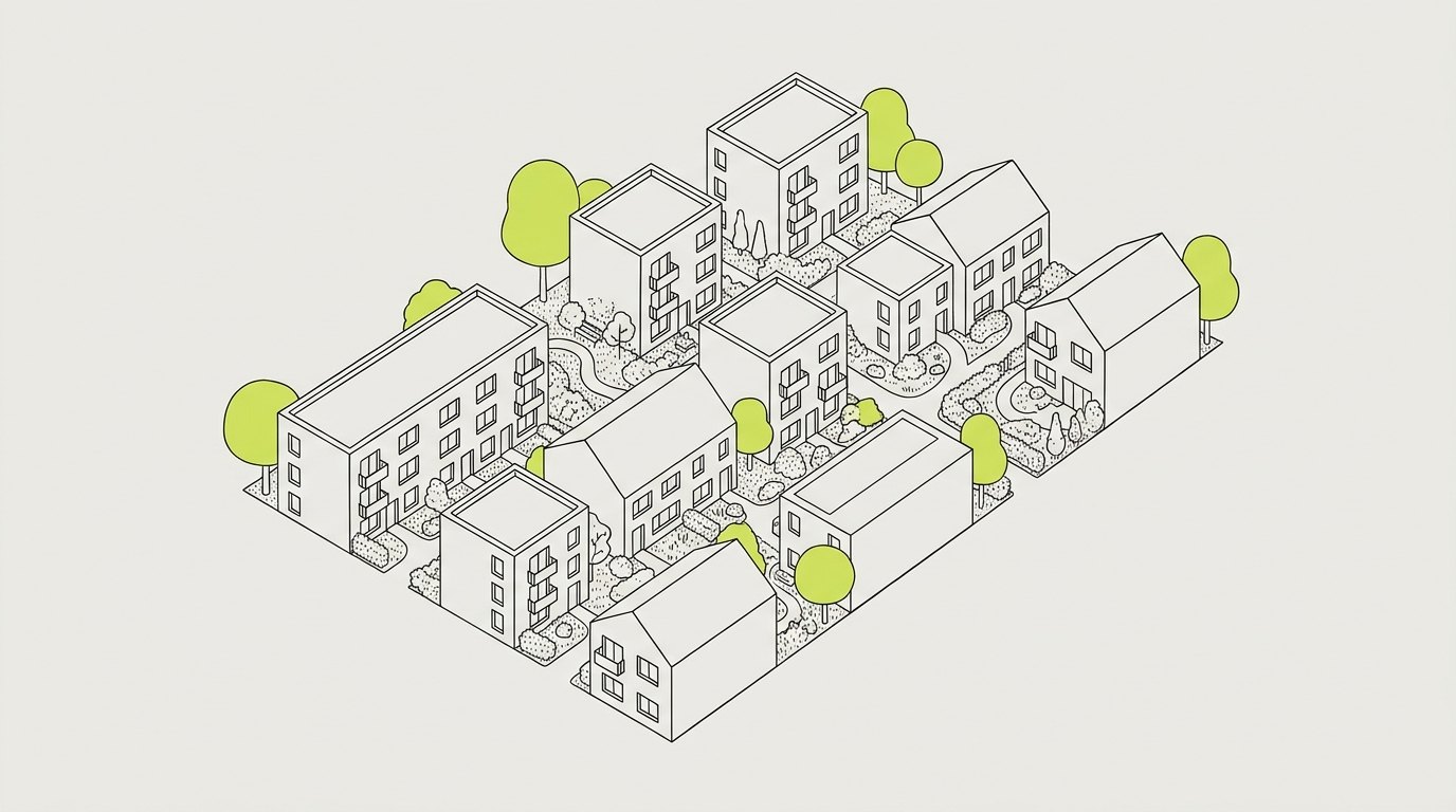 Editorial illustration: narrow garden lanes of low walk-up apartments