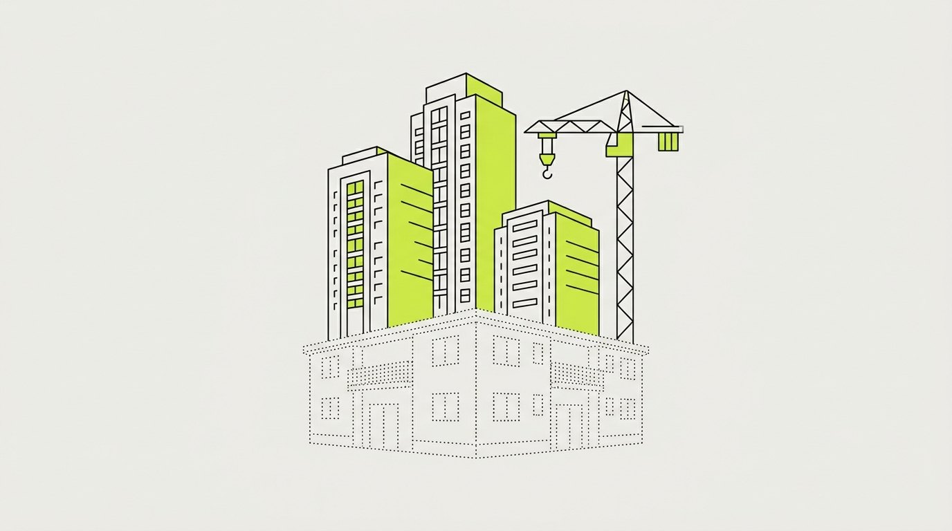 Editorial illustration: a new tower rising from an old estate's outline