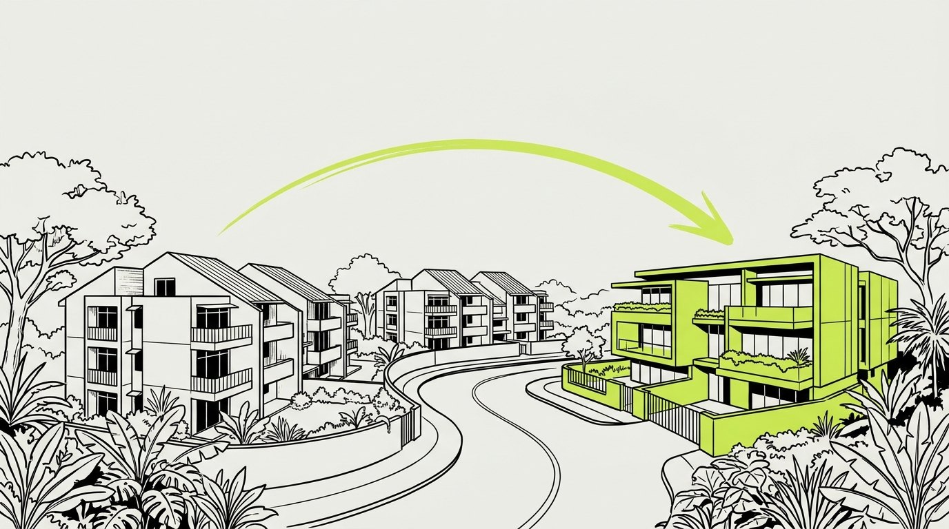 Editorial illustration: a freehold enclave built across three decades, with its newest phase highlighted