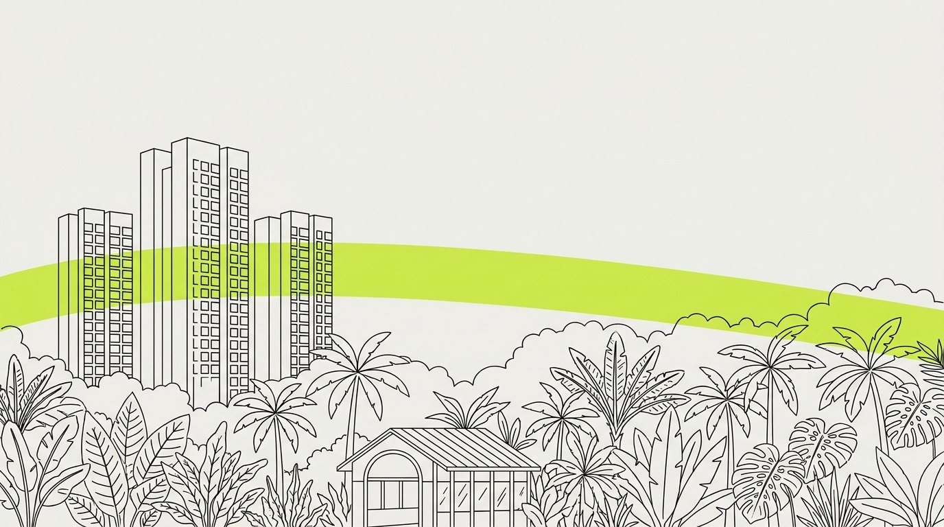 Editorial illustration: a queue of buyers before a northern tower by the forest