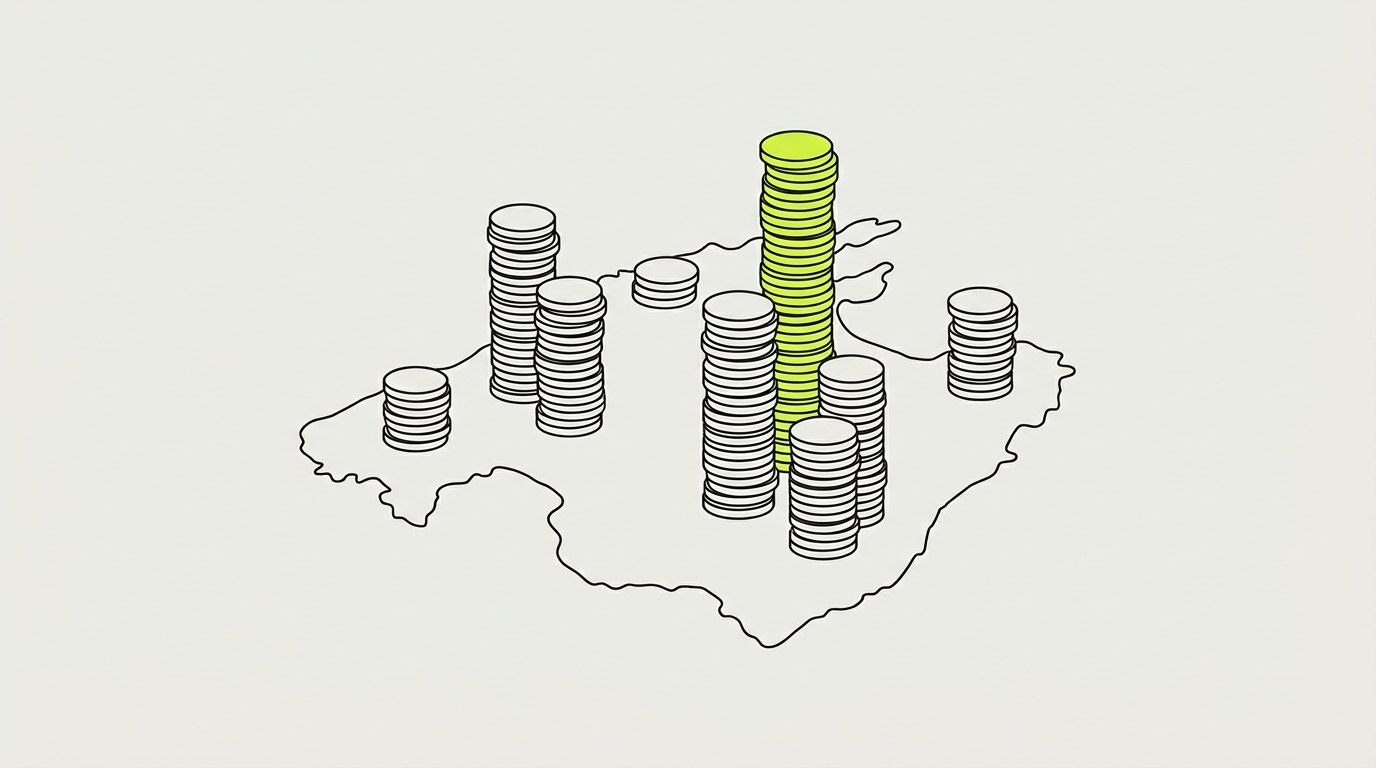 Editorial illustration: an inverted map with coins pooling at the edges
